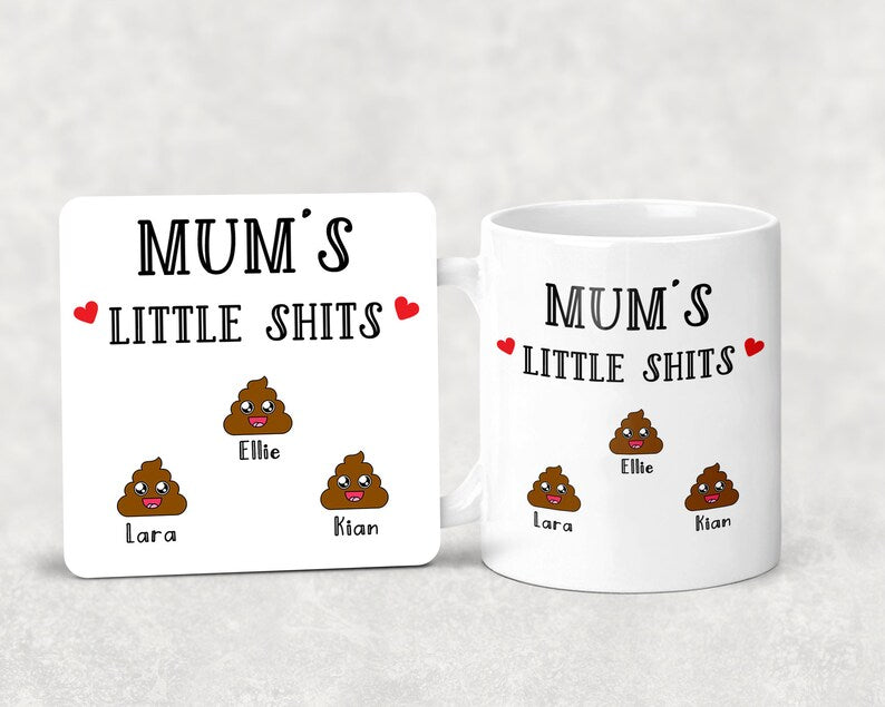 Personalized Mum Gift – "Mum's Little Shits" Mug and Coaster Set