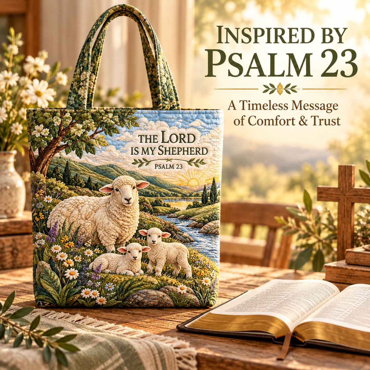 π Psalm 23 Quilt-Inspired Tote Bag