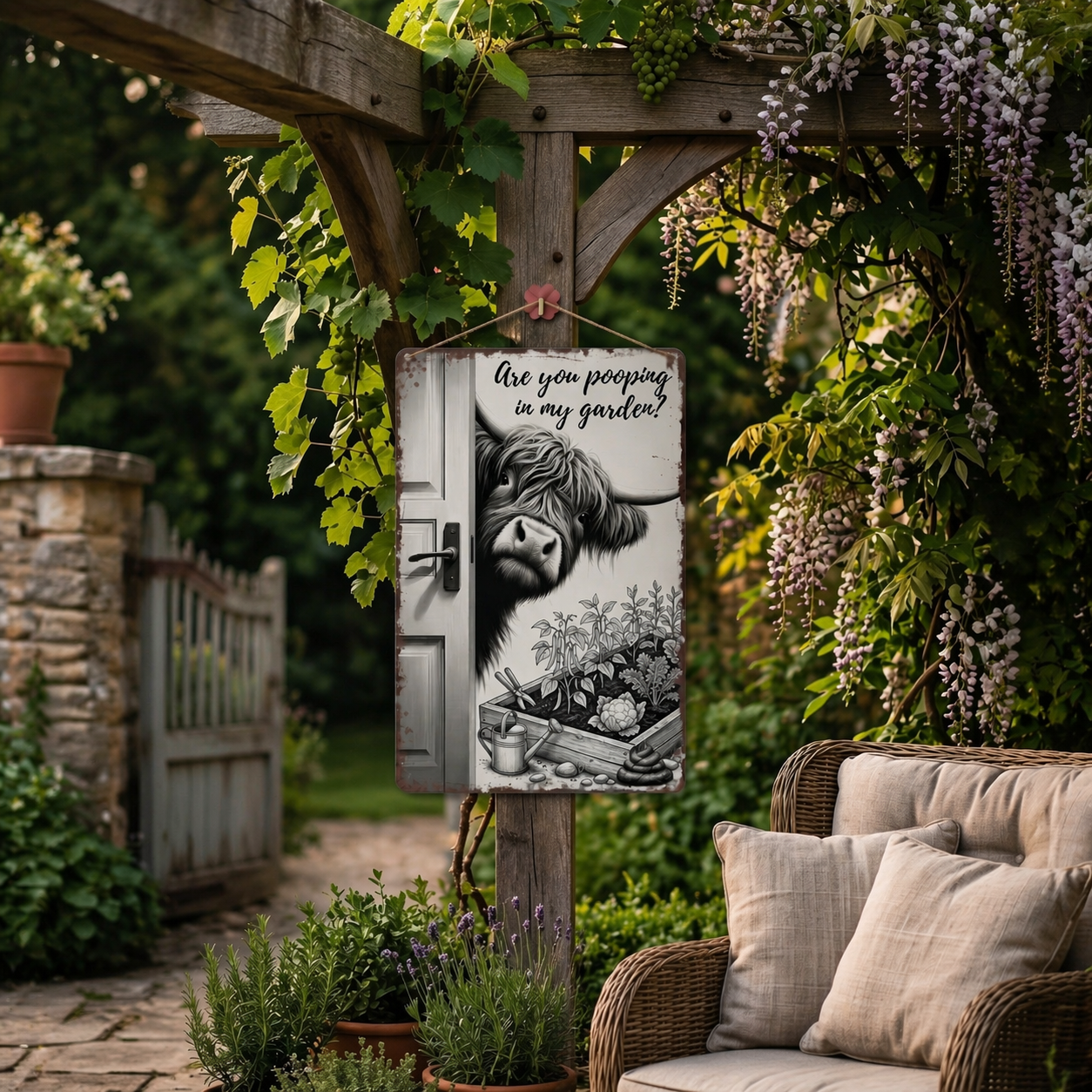 🔥Funny Vintage Highland Cow Sign – "Are You Pooping In My Garden?" Wall Decor😂