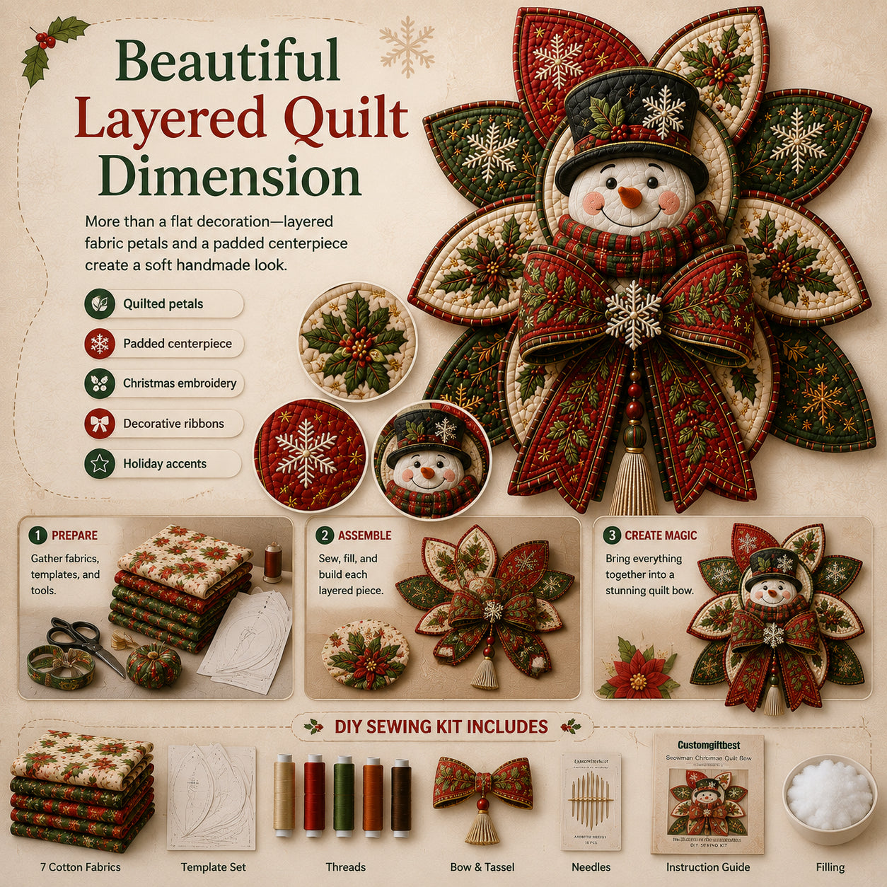 🧵Christmas Quilt Bow DIY Sewing Kit