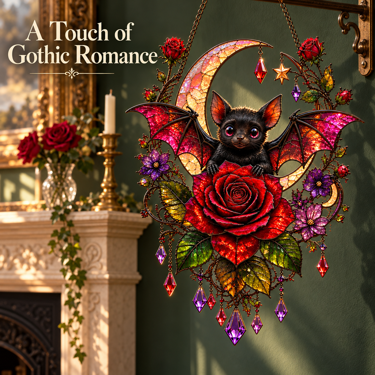 🦇 Gothic Bat & Crimson Rose Moon Suncatcher