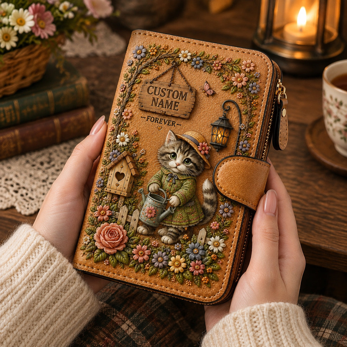 🌿 Personalized Garden Friends Wallet – Custom Name Leather Organizer