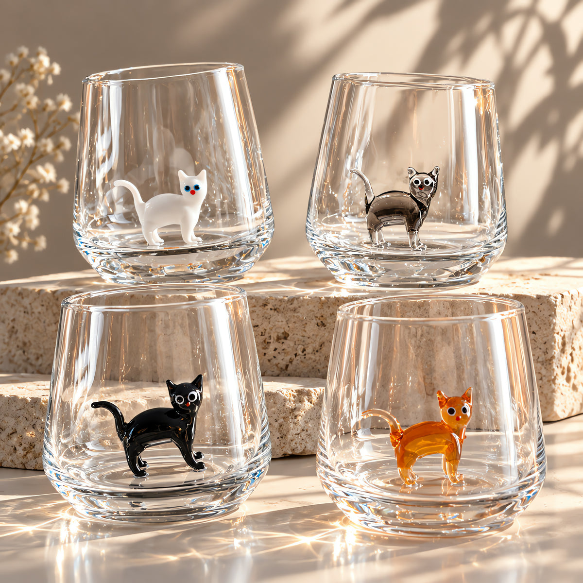 🐱 3D Inner Cat Glass Cup – Handmade Stemless Tumbler