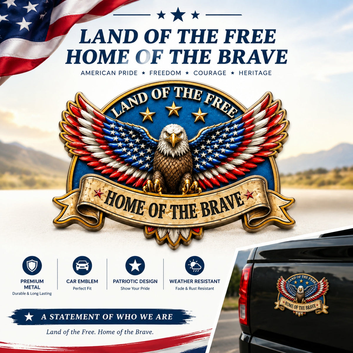 🦅"LAND OF THE FREE · HOME OF THE BRAVE" Eagle Metal Car Emblem