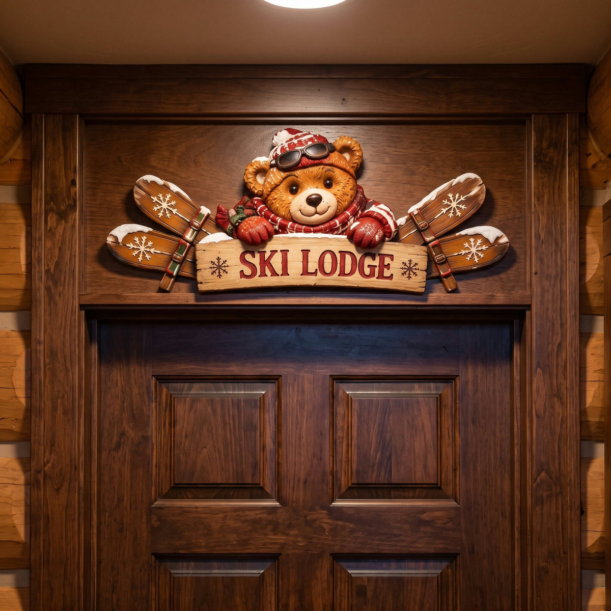 Winter Ski Lodge Door Topper – Rustic Wooden Welcome Sign