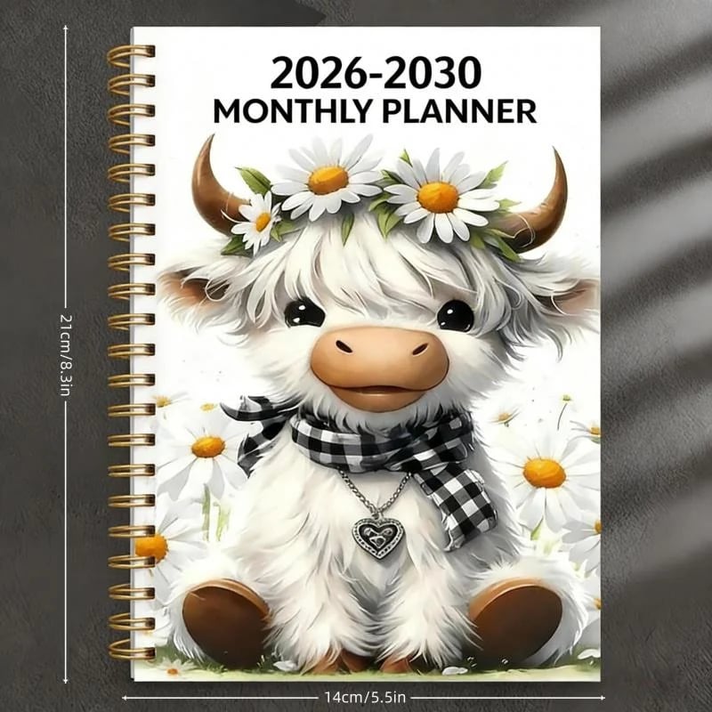 2026–2030 Monthly Planner – Cute Highland Cow Spiral Bound Calendar