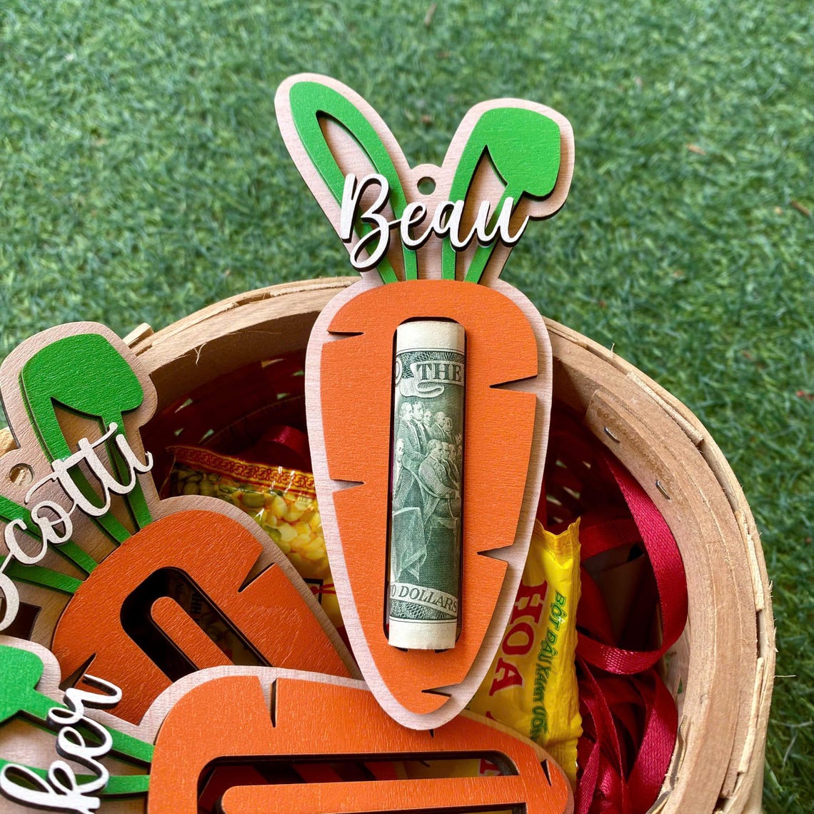 Personalized Carrot Easter Basket Stuffers with Name – Wooden Bunny Ear Money Holder for Kids & Teens – Perfect Easter Gift & Cash Surprise
