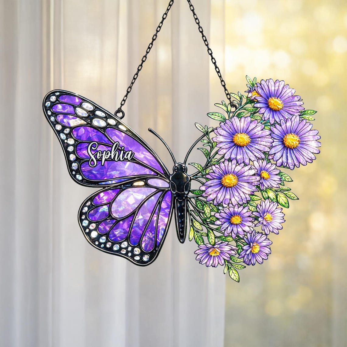 Custom Birth Flowers Suncatcher, Butterly Window Hanging, Birth Flower Gift