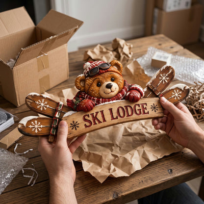 Winter Ski Lodge Door Topper – Rustic Wooden Welcome Sign
