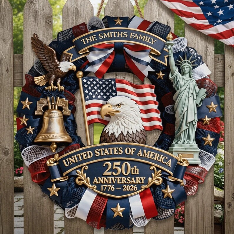 ✨Personalized America 250th Anniversary Wood Wreath – 1776-2026 Patriotic Door Sign