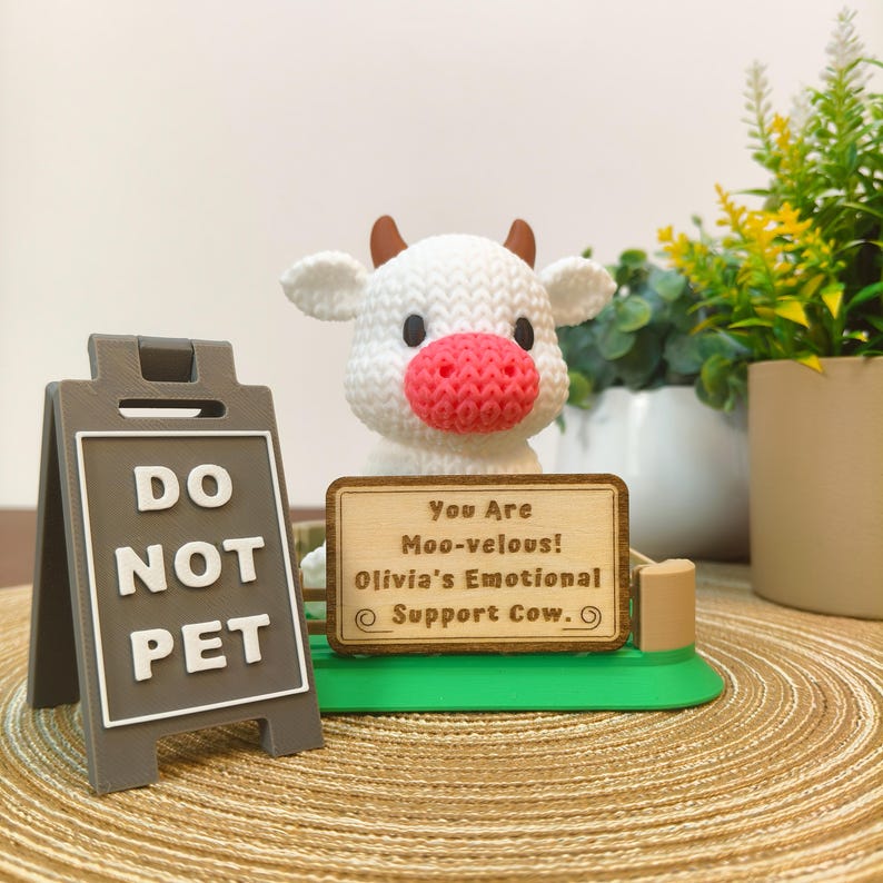 Emotional Support Cow Desk Buddy | Personalized Cow with Custom Wooden Sign
