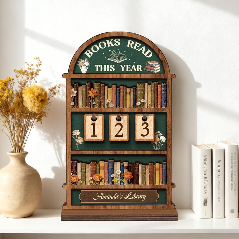 📚 Personalized Reading Tracker – Vintage Arched Wooden "Books Read This Year" Counter