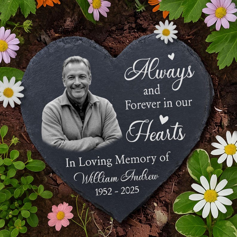 Custom Photo Memorial Garden Stone – Personalized Heart or Circle Slate Plaque