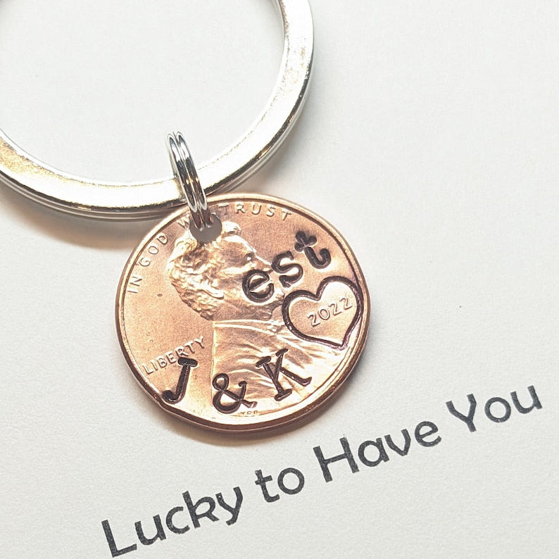 🍀 Personalized Lucky Penny Keychain – Hand Stamped Real U.S. Penny Gift for Couples & Anniversaries