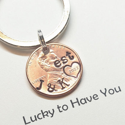 🍀 Personalized Lucky Penny Keychain – Hand Stamped Real U.S. Penny Gift for Couples & Anniversaries