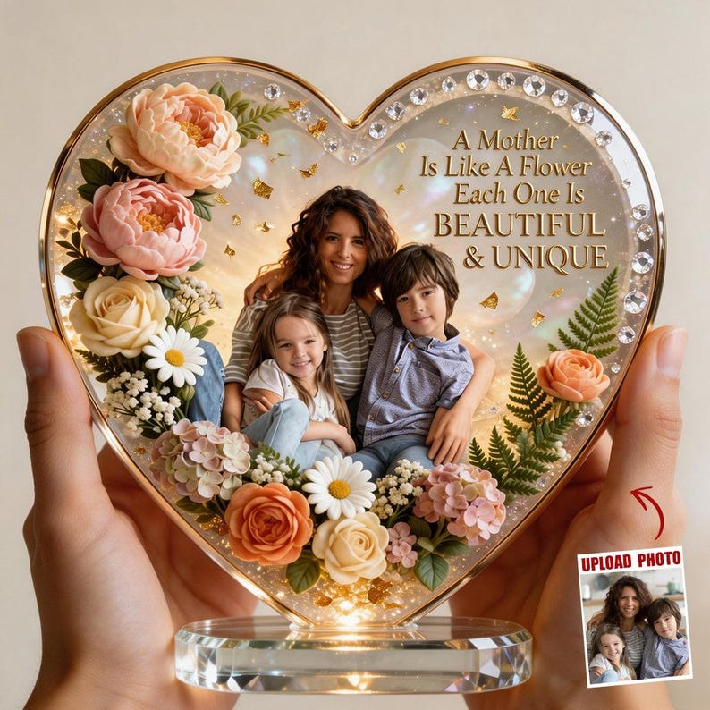 🌸 Personalized Photo Acrylic Plaque – A Mother Is Like a Flower