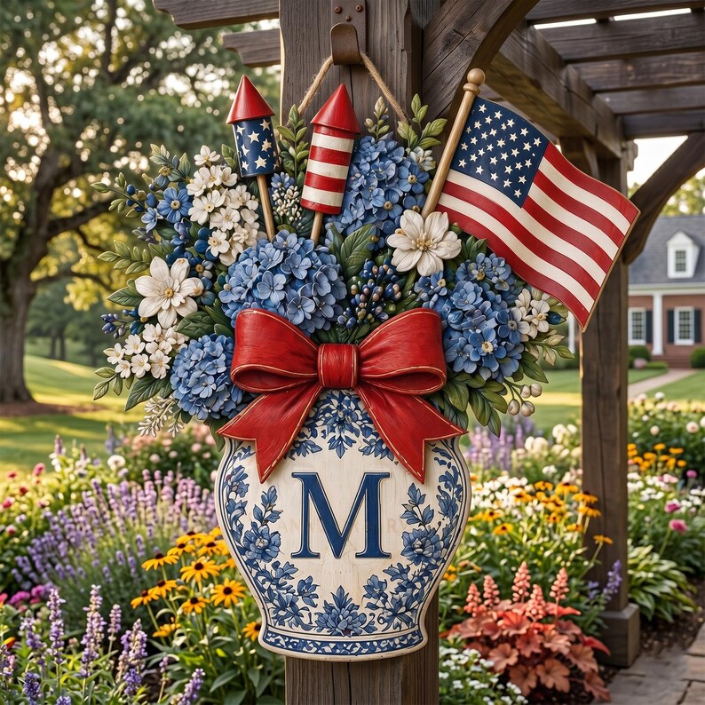💙 Personalized Patriotic Blue Hydrangea Wooden Door Hanger