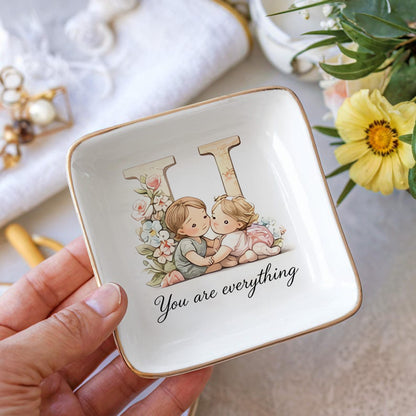 💍 Personalized Initial Jewelry Tray – “You Are Everything” with Floral Design