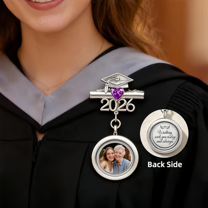 🎓 Personalized Graduation Lapel Pin with Photo & Birthstone – Custom Graduation Cap Memorial Brooch