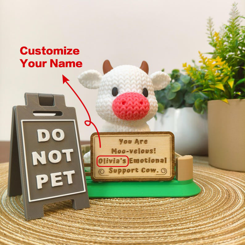 Emotional Support Cow Desk Buddy | Personalized Cow with Custom Wooden Sign