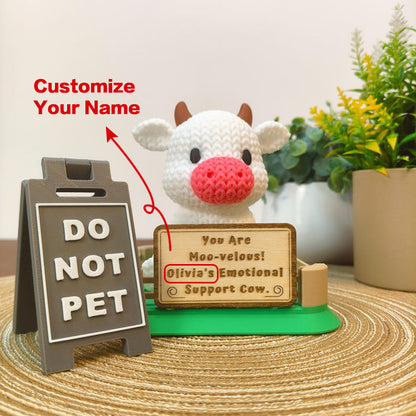 Emotional Support Cow Desk Buddy | Personalized Cow with Custom Wooden Sign