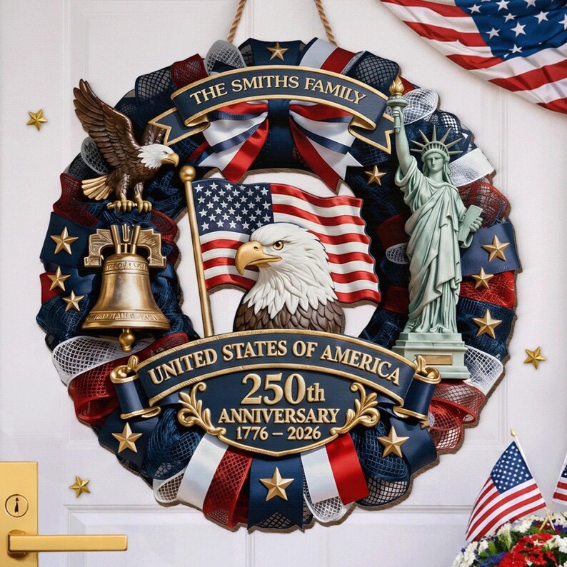 ✨Personalized America 250th Anniversary Wood Wreath – 1776-2026 Patriotic Door Sign