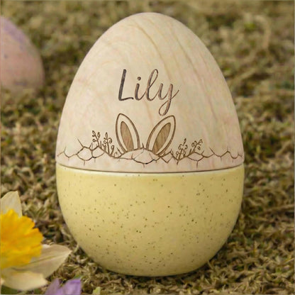 Personalized Engraved Wooden Easter Egg with Custom Name, Fillable Bunny/Flower/Tree/Star Keepsake, Reusable Easter Basket Decor & Gift for Kids