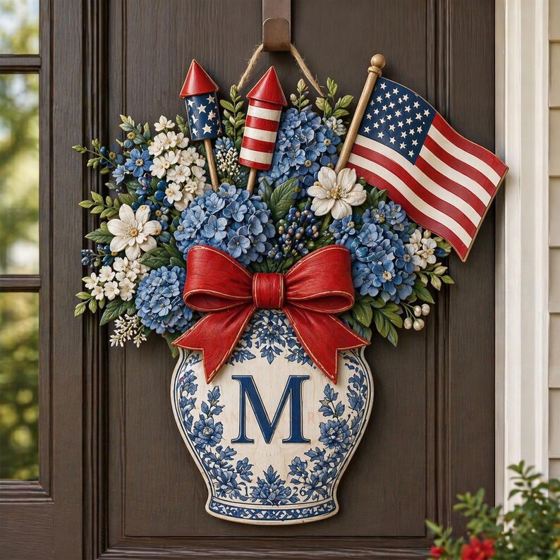 💙 Personalized Patriotic Blue Hydrangea Wooden Door Hanger