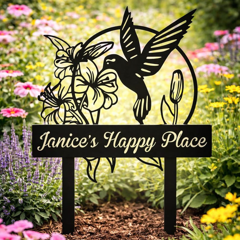 🌸 Custom Hummingbird Metal Garden Sign – Personalized Name & Flower Design