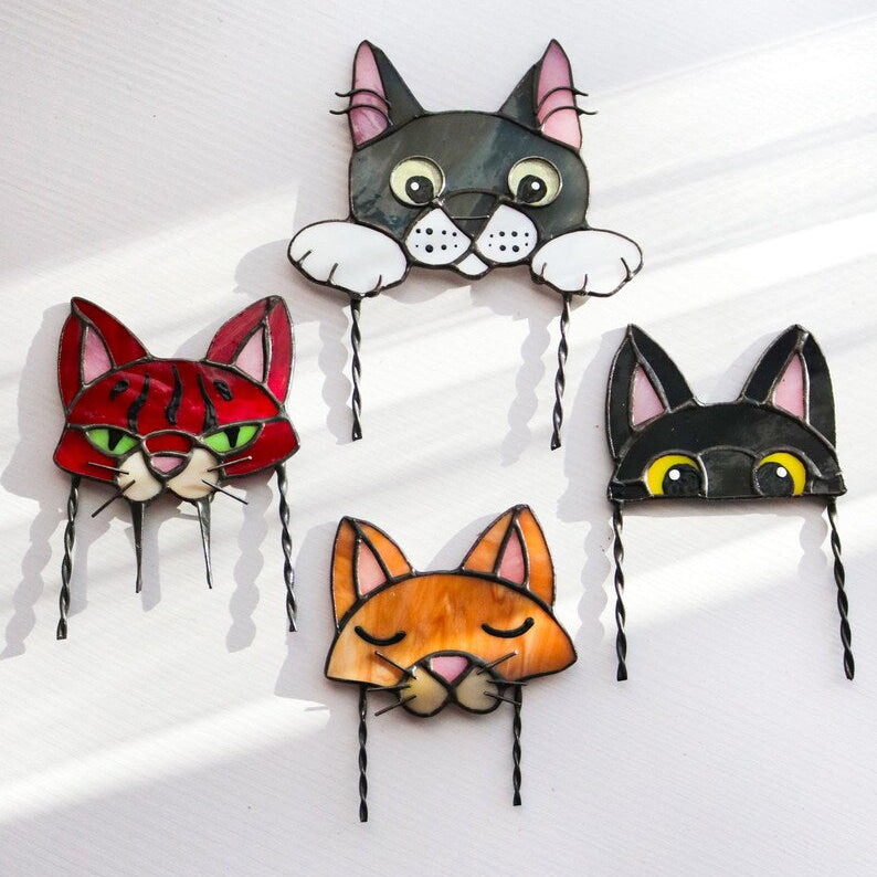 🐱 Stained Glass Cat Plant Topper – Whimsical Garden Decor