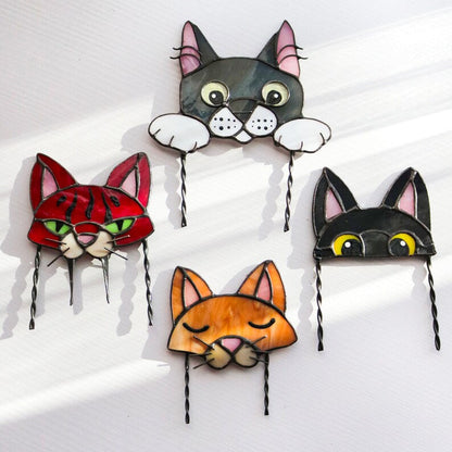 🐱 Stained Glass Cat Plant Topper – Whimsical Garden Decor