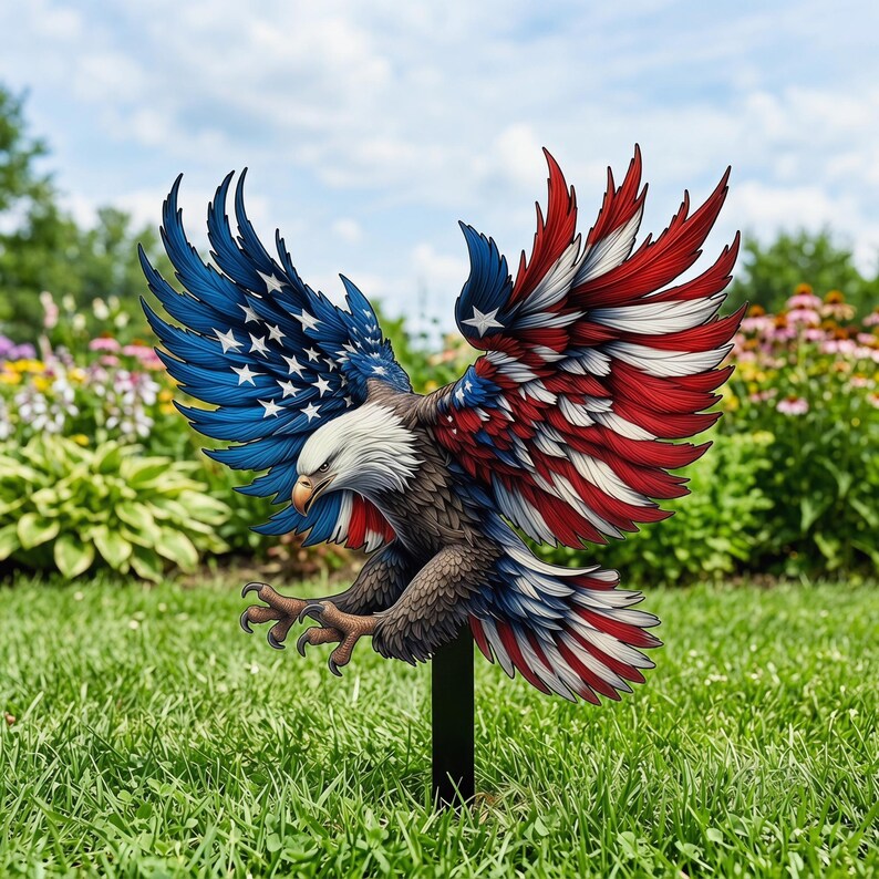 🦅 2D American Flag Eagle Metal Yard Stake