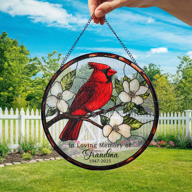 🕊️ Personalized Memorial Stained Glass Suncatcher – Cardinal Glass Decor