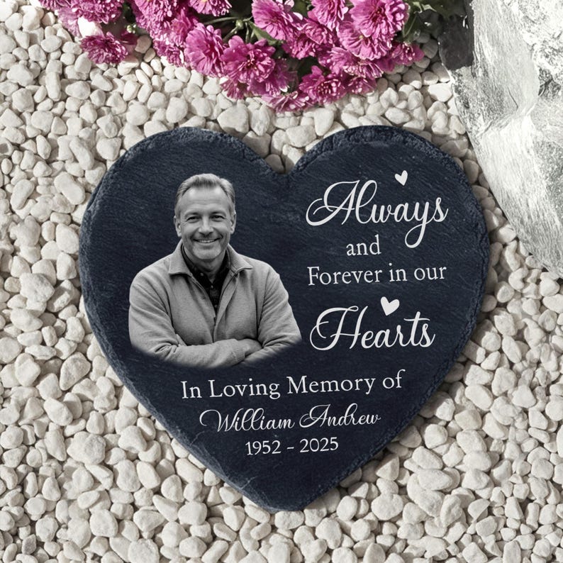 Custom Photo Memorial Garden Stone – Personalized Heart or Circle Slate Plaque