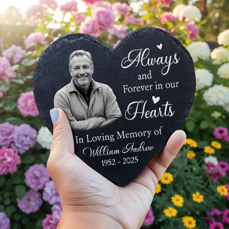 Custom Photo Memorial Garden Stone – Personalized Heart or Circle Slate Plaque