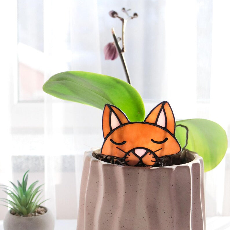 🐱 Stained Glass Cat Plant Topper – Whimsical Garden Decor