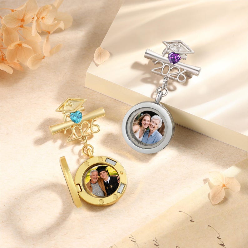 🎓 Personalized Graduation Lapel Pin with Photo & Birthstone – Custom Graduation Cap Memorial Brooch