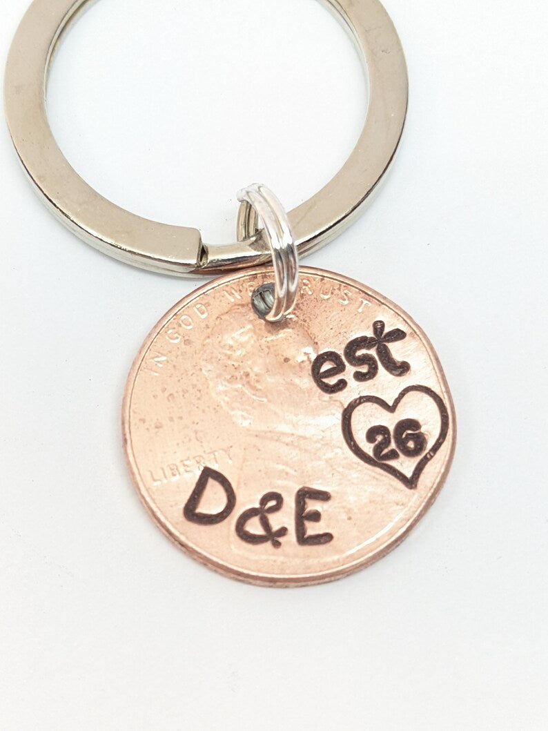 🍀 Personalized Lucky Penny Keychain – Hand Stamped Real U.S. Penny Gift for Couples & Anniversaries