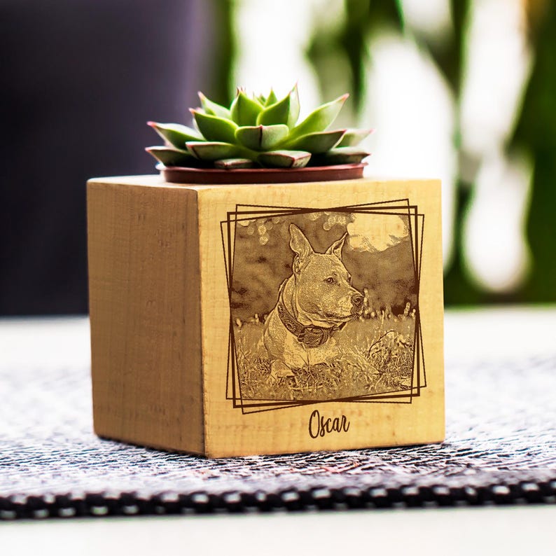 🌸Custom Pet Portrait Planter – Wood Succulent Pot with Photo