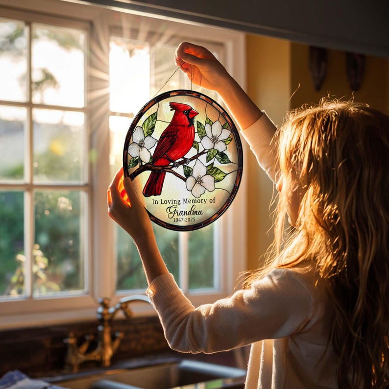 🕊️ Personalized Memorial Stained Glass Suncatcher – Cardinal Glass Decor