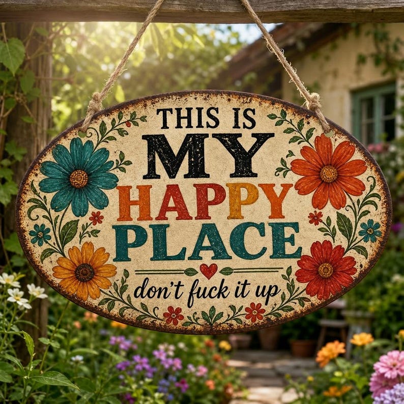🌼"My Happy Place" Metal Sign – Warm, Witty & Unapologetically Blunt