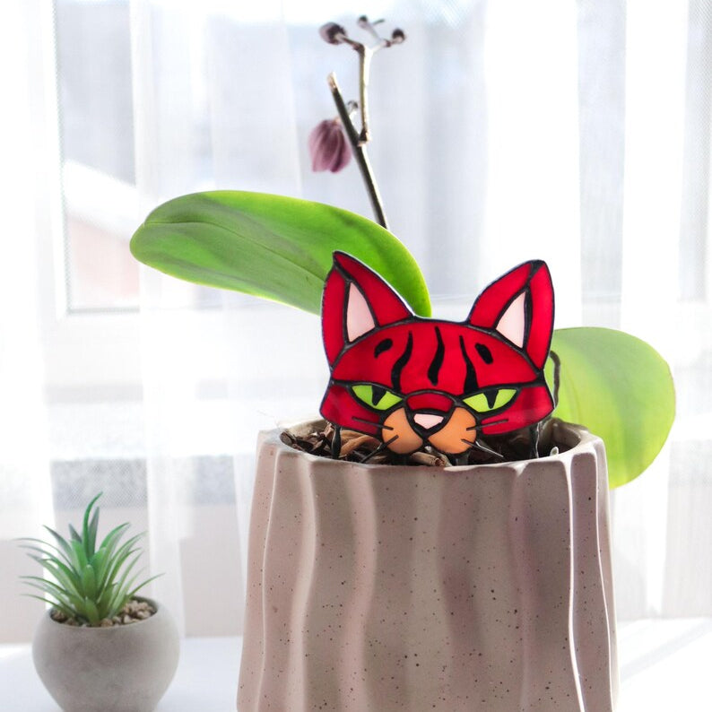 🐱 Stained Glass Cat Plant Topper – Whimsical Garden Decor