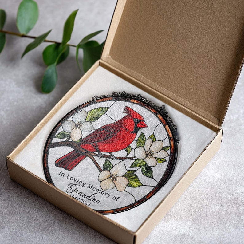 🕊️ Personalized Memorial Stained Glass Suncatcher – Cardinal Glass Decor