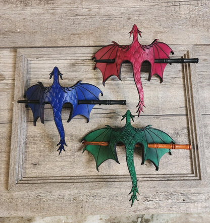 🐉 Leather Tooled Dragon Hair Slide with Wood Stick