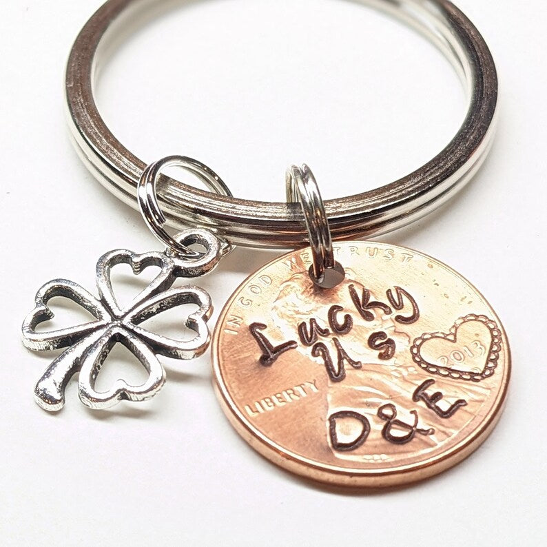 🍀 Personalized Lucky Penny Keychain – Hand Stamped Real U.S. Penny Gift for Couples & Anniversaries