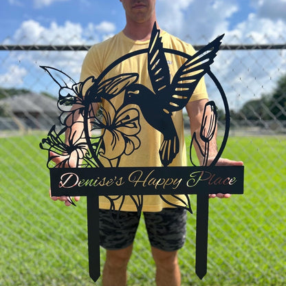 🌸 Custom Hummingbird Metal Garden Sign – Personalized Name & Flower Design