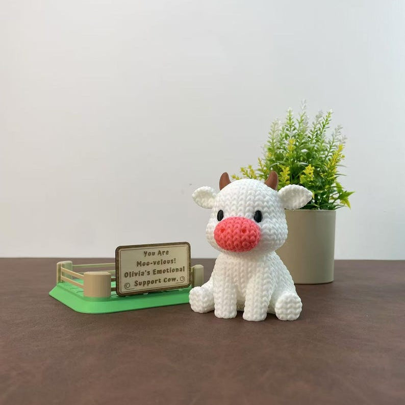 Emotional Support Cow Desk Buddy | Personalized Cow with Custom Wooden Sign