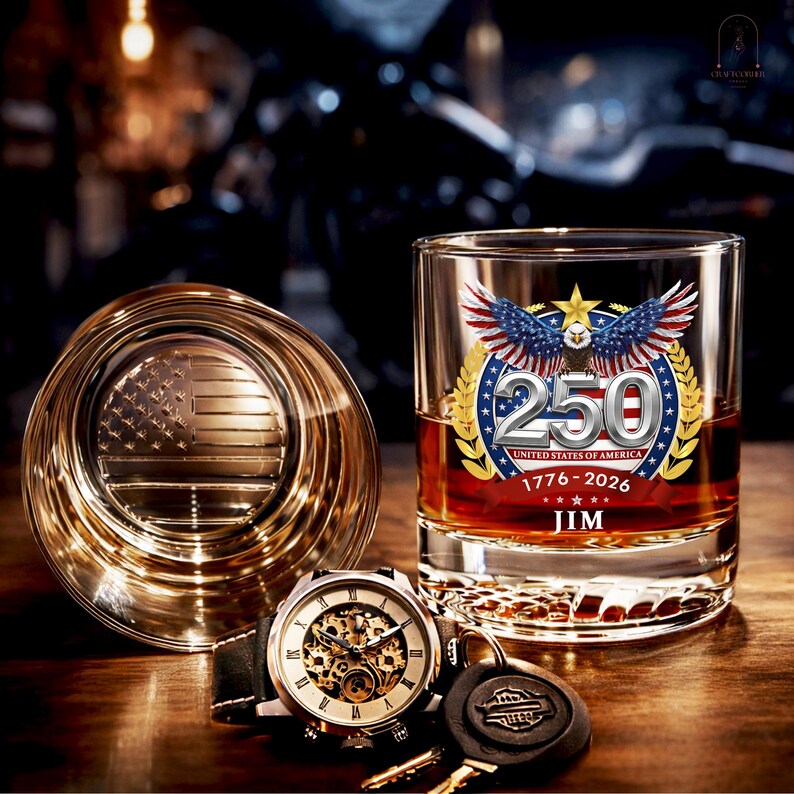 Personalized Whiskey Glass – USA 250 Years Anniversary "American Eagle 1776-2026"