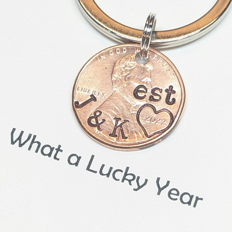 🍀 Personalized Lucky Penny Keychain – Hand Stamped Real U.S. Penny Gift for Couples & Anniversaries