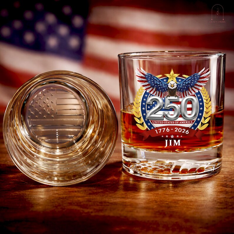 Personalized Whiskey Glass – USA 250 Years Anniversary "American Eagle 1776-2026"